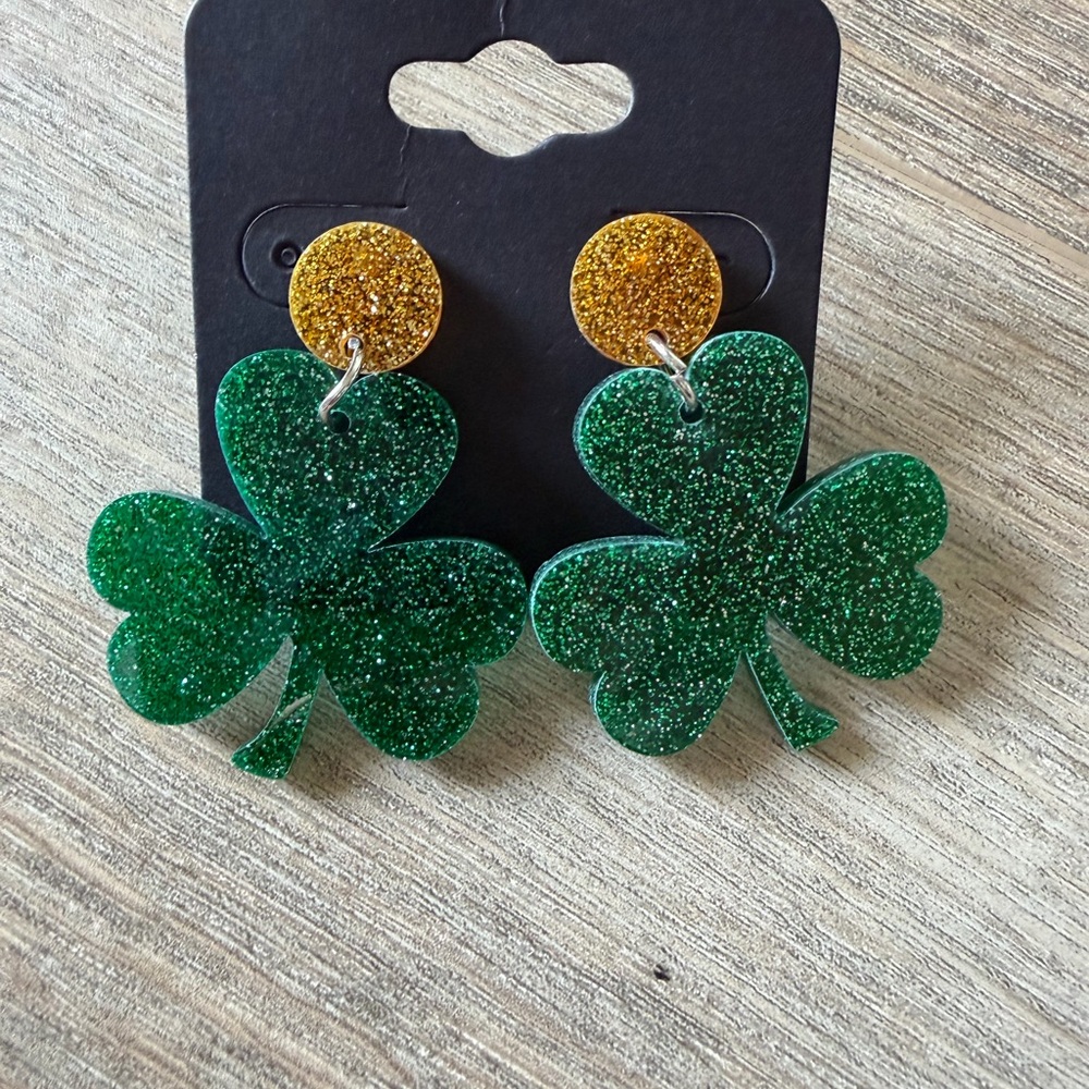 Green Shamrock Earrings with Gold Accents